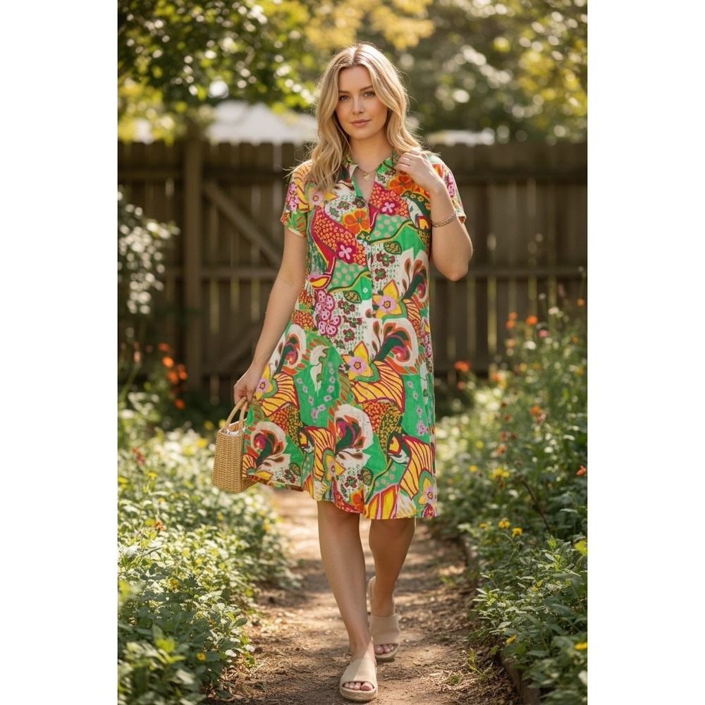 Cristina Vergani Short Sleeve Tropical Linen Dress Geometric Floral Art to Wear